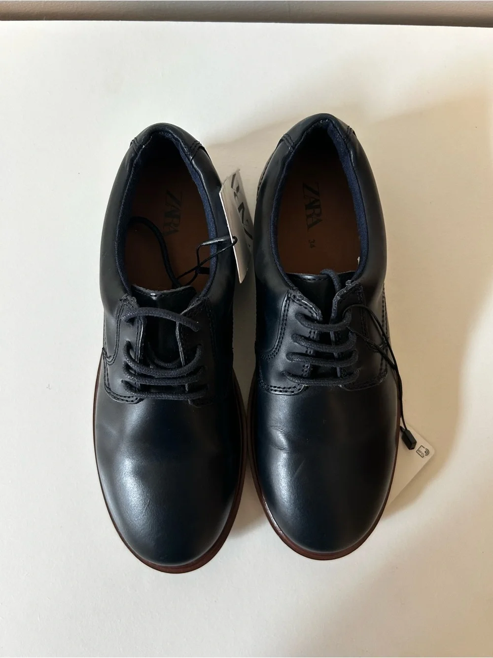 Zara Navy Leather Kids Lace-Up Dress Shoes with Brown Sole